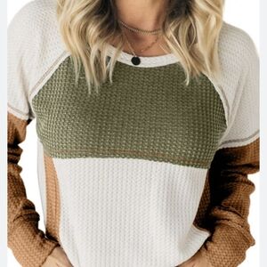 BiBi Colorblock Waffle-Knit Long Sleeve Top — Gray, White & Mauve